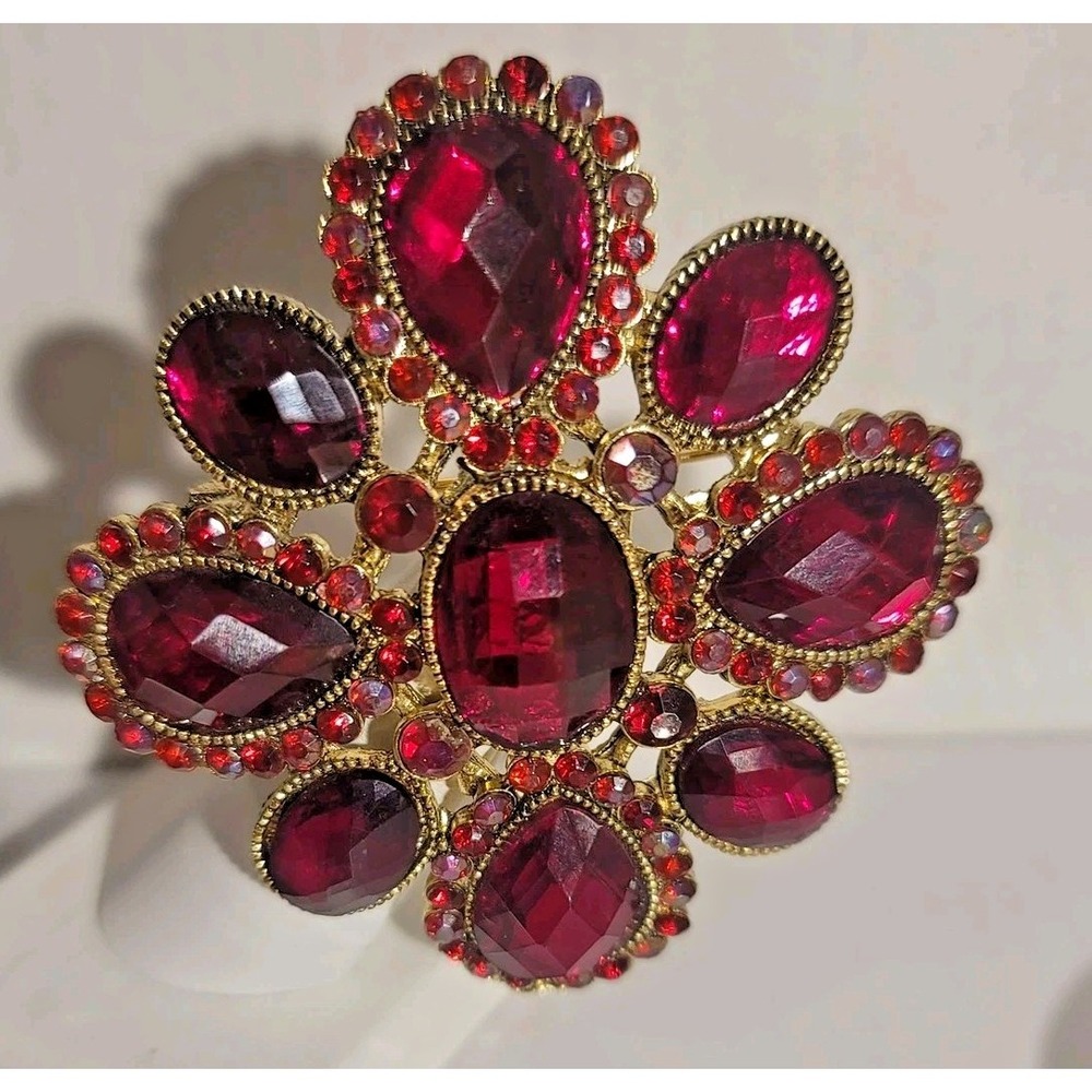 Red Acrylic Flower Brooch Gold Tone Large Statement Pin Costume Jewelry